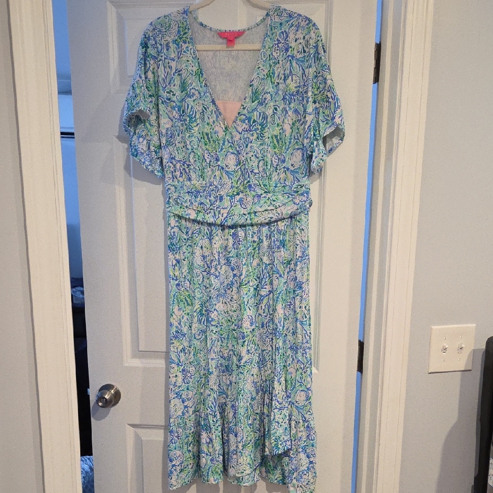 Lilly Pulitzer Blue and Green Sea Print Midi Dress